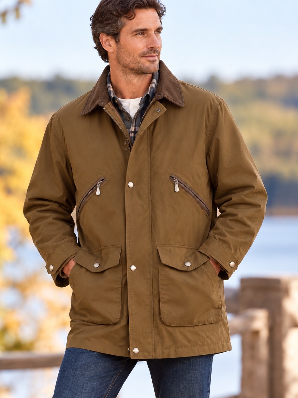 London Fog Men’s L Brown Field Barn Coat Plaid Liner Hood Utility Jacket